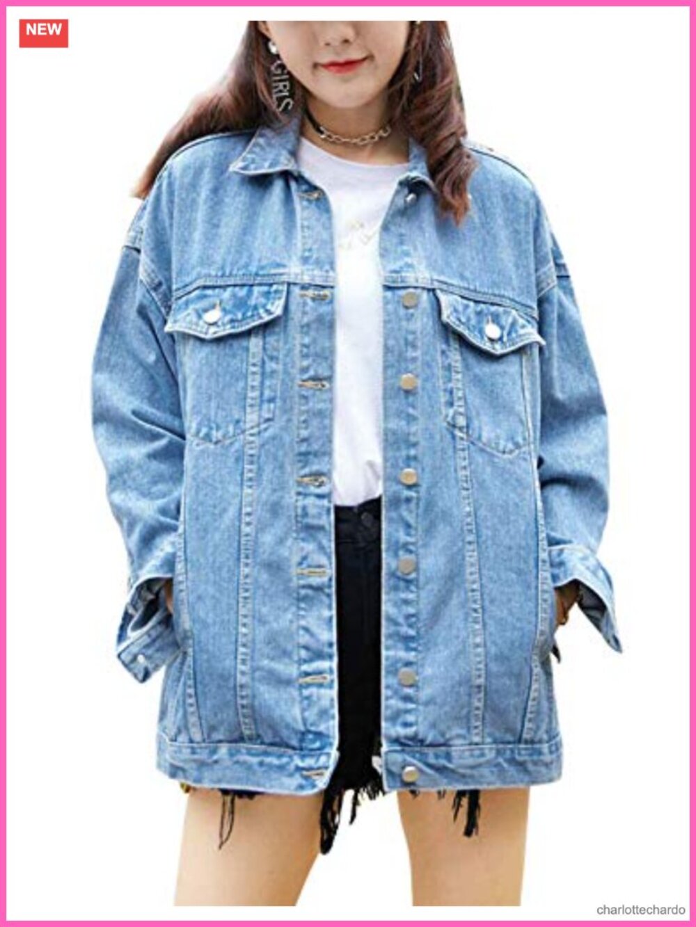 Oversized Denim Jacket with Pockets, Cotton, Button Front, Distressed